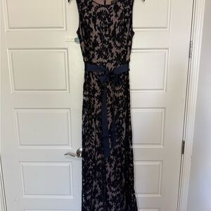 Adrianna Papell Navy Lace Overlay Maxi Dress with Satin Belt